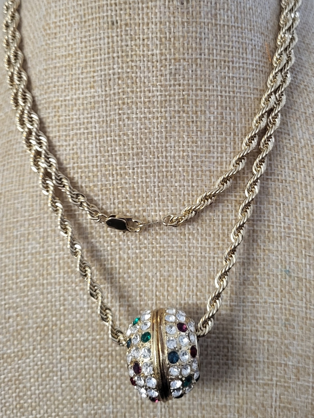 Vintage  14k GP Rope Chain Necklace with Multicolor Crystal Pavé Pendant